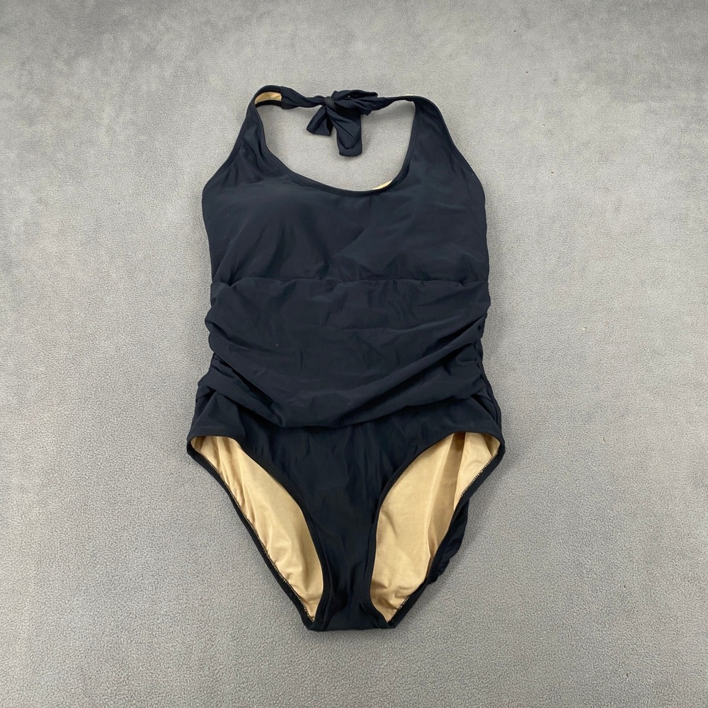 Newport News Swim Womens Black Halter One Piece Ruched Swimsuit Size 14